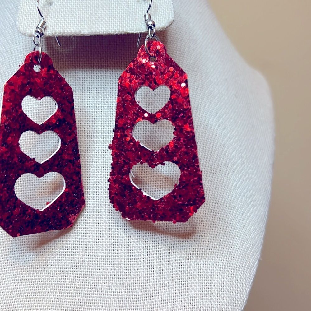 Red Sparkle Heart Drop Earrings for Women